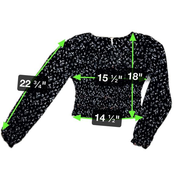 Free People Crop Top Black Small Long Sleeve Boho Tunic Blouse Floral Ruffled - Picture 10 of 10